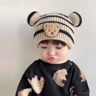 Mũ dệt kim ấm áp mới mùa thu đông 2024 cho trẻ em, thiết kế gấu sọc dễ thương, thời trang và thoải mái