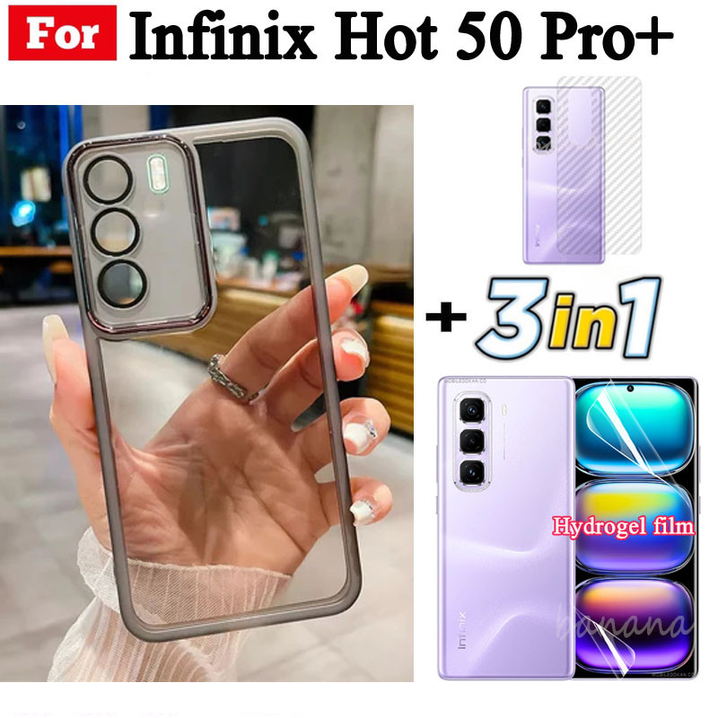 Ốp điện thoại trong suốt bằng silicon mềm TPU 3 trong 1 Infinix Hot 50 Pro + 4G có Camera bảo vệ mặt sau Infinix Note 40 Pro + Kính cường lực + Phim mặt sau