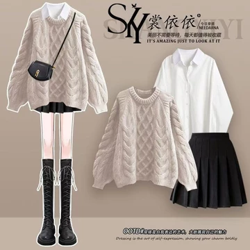 áo len dệt kim+áo sơ mi kiểu+chân váy tennis，đồ bộ thu đông nữ，đồ bộ nữ sang chảnh，set quần áo nữ，đồ set nữ，bộ đồ，Bộ Thu Đông 2024 Mới Giảm Tuổi Áo Len Dệt Kim Lười Áo Sơ Mi Giảm Béo Xếp Ly Váy Bộ