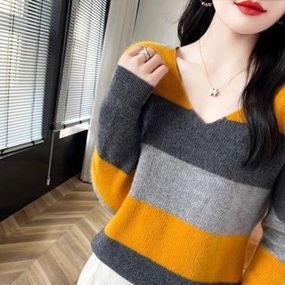 Mùa Thu Đông Cổ Màu-Block Cổ Chữ V Áo Len Nữ Phong Cách Mới Phong Cách Ngắn Rời Phong Cách Phương Tây Tay Dài