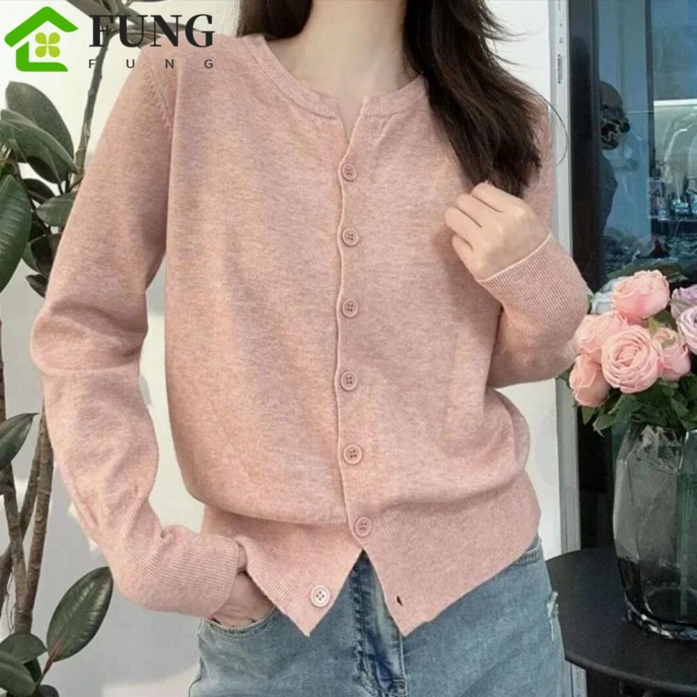 Áo len móc FUNG, Áo len cardigan dài tay chắc chắn dành cho nữ Y2K, Phong cách Hàn Quốc Xuân Thu Áo khoác nữ có ngực đơn Áo khoác Crop thon gọn cho nữ