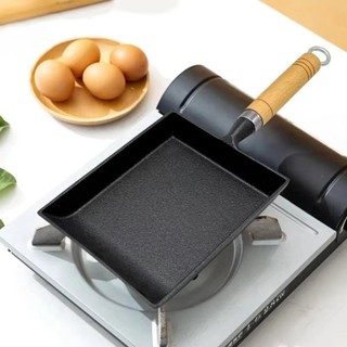 Chảo gang SOULSPACE Tamagoyaki tay cầm gỗ chống dính hình chữ nhật, dụng cụ nấu ăn trứng Nhật