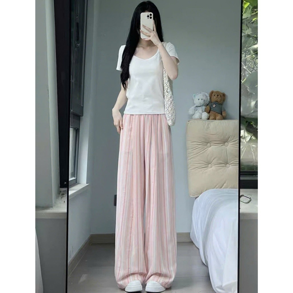 Quần Ống Rộng Nữ Họa Tiết Kẻ Sọc Chất Vải Đũi Thô Siêu Mềm Mát Mặc Mùa Hè