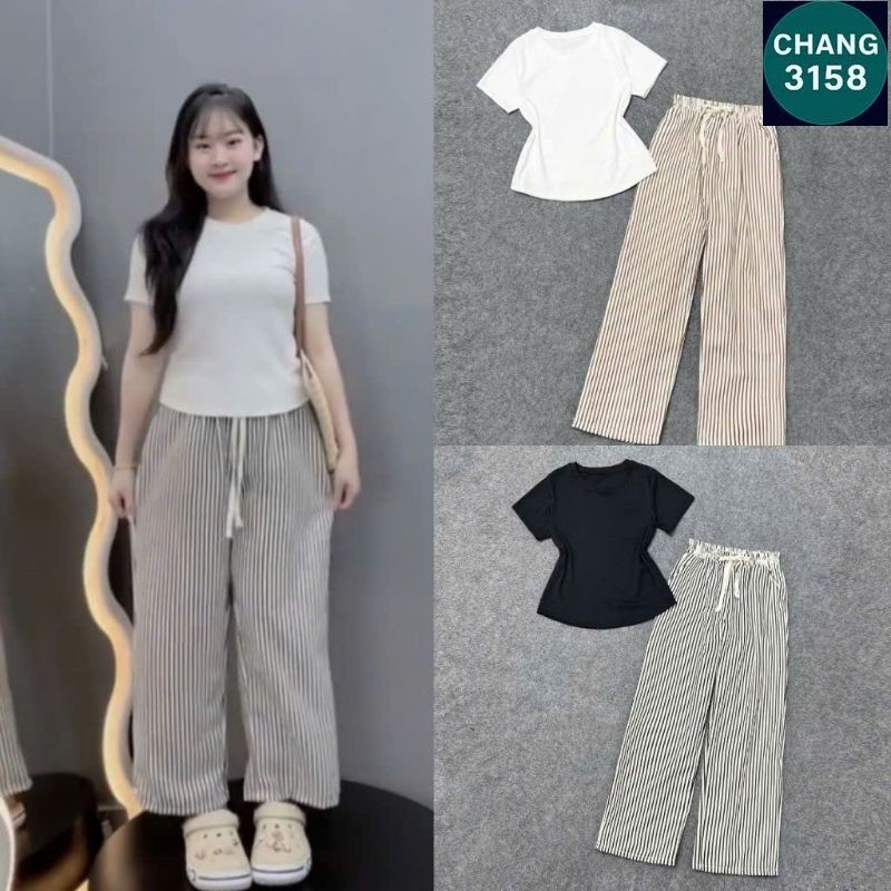 Sét Bộ Quần Ống Rộng Kẻ Sọc + Mix Áo Croptop Tăm Trơn dáng bassic-CHANG 3158