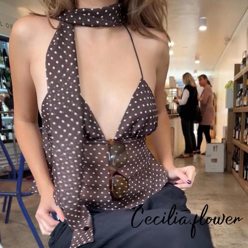 Áo Tank Nữ Chấm In Dây Buộc Cổ Áo Vest Mùa Hè Lưng Không Tay Áo Có Choker