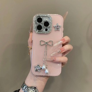Ốp điện thoại nơ tua rua kim cương giả sang trọng cho iPhone16 15 14 13 12 11Pro Max camera chống sốc đi kèm bảo vệ màng ống kính chống rơi mặt sau mềm