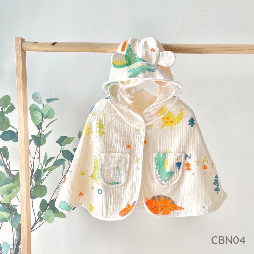 Áo Choàng Chống Nắng Đa Năng Cho Bé Vải Xô Muslin  Có Kính Chống Bụi, Thoáng Mát, Cúc Bấm Tháo Rời Size 3-14kg