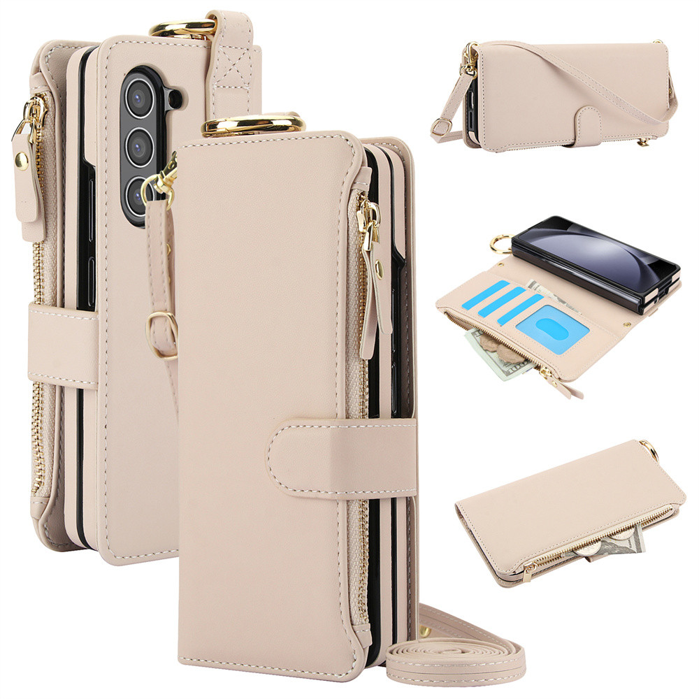 Ốp Điện Thoại Ví Đeo Ngang Cho Samsung Galaxy Z Fold 6 5 4 3 Fold6 Fold5 Fold4 Fold3 5G Thẻ Solt Giá Đỡ Vòng Da PU