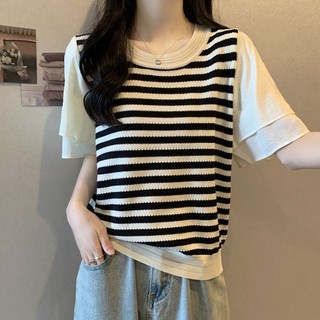 Plus Size Nữ Sọc Tay Ngắn Mùa Hè 2025 Phong Cách Mới Béo mm Bao Bụng Ôm Hơn Nhìn Voan Áo Thun Stitch