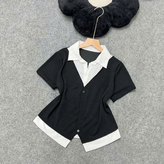 Áo Sơ Mi Bigsize Nữ Tay Ngắn Kiểu Giả Hai Lớp Vải Xoa Kẻ Sọc Phối Nỉ Tăm Cá Tính SM185
