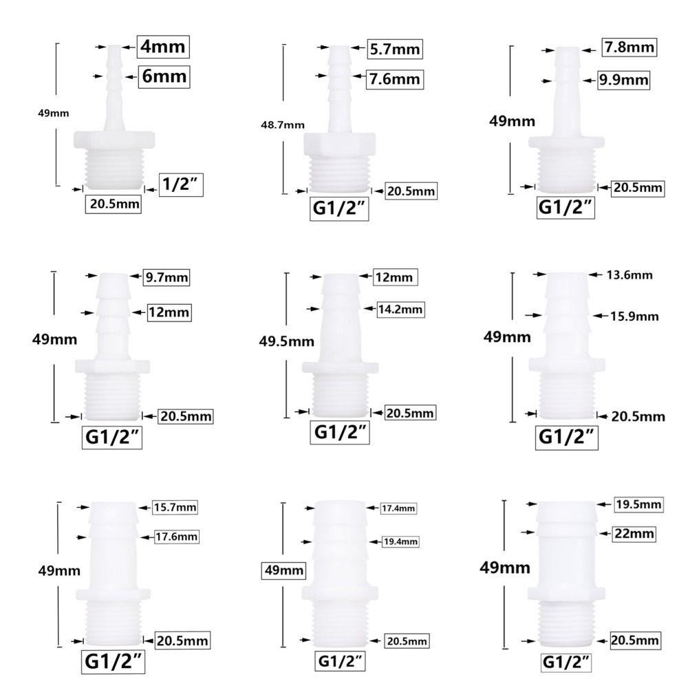 ICUCKO 1 / 10 Đầu nối ống, Phụ kiện đường ống 4 / 6 / 8 / 10 / 12 / 14 / 16 / 18 / 20mm Khớp nối ống, Hệ thống tưới nhỏ giọt ID bền bỉ Nhựa 1 / 2 Inch cho Barb