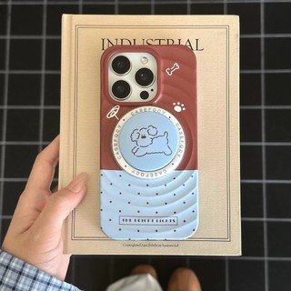 Ốp bảo vệ chân đế họa tiết chó con Colorblock polka dot cho iPhone 15pro 15promax 14 14promax 14pro 16 pro max 16 plus wave case