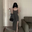 Đầm body hai dây hở lưng, chất liệu vải gân tăm Nữ Women Kem Dress Voi ❧ ✪m☆ ♡ đỏ sang vàng Đen
