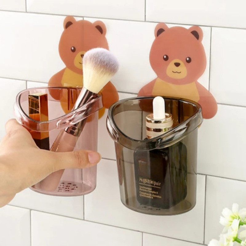 Cốc thoát nước bàn chải đánh răng hình gấu hoạt hình - Hộp đựng mỹ phẩm - Treo tường, vệ sinh, chống rơi - Hộp đựng đồ nhỏ - Giá đựng kem đánh răng
