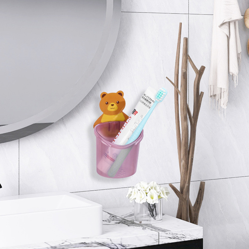 Cốc thoát nước bàn chải đánh răng hình gấu hoạt hình - Hộp đựng mỹ phẩm - Treo tường, vệ sinh, chống rơi - Hộp đựng đồ nhỏ - Giá đựng kem đánh răng