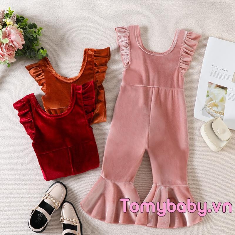 Trẻ Em Bé Gái Thu Đông Áo liền quần Ruffle Tay Nhung Một Mảnh Suspender Quần loe