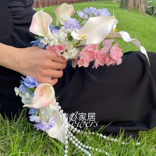 Bó hoa cưới cầm tay cô dâu, bó hoa chụp ảnh từ hoa nhân tạo, hoa rum , tulip và hạt trai Ceveria C0255