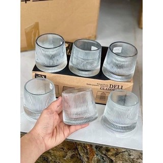 Bộ 6 cốc thủy tinh đế lồi xoay 360 độ chịu nhiệt vân sóng dọc cao cấp