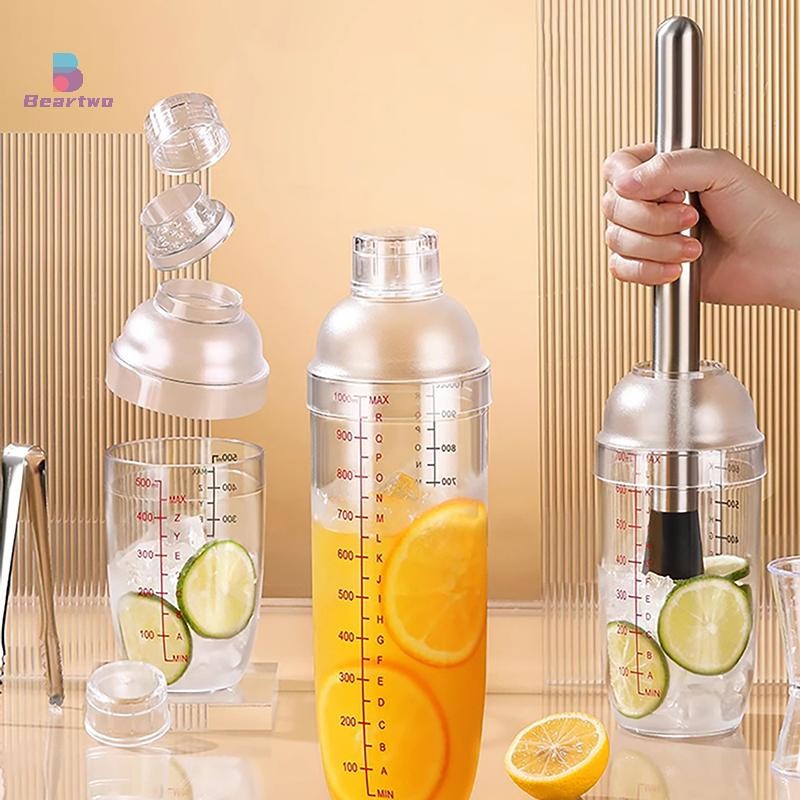 < beartwo > Cốc lắc tay bằng nhựa Cocktail có cân 350ml / 530ml / 700ml / 1000ml Trà sữa Rượu Uống Bình lắc Dụng cụ thanh trộn Đẹp