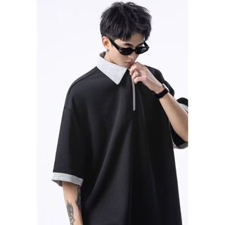 Áo sơ mi nam POLO tay ngắn đường phố cao cấp Mỹ màu tương phản khâu cao cấp phong cách trung tính