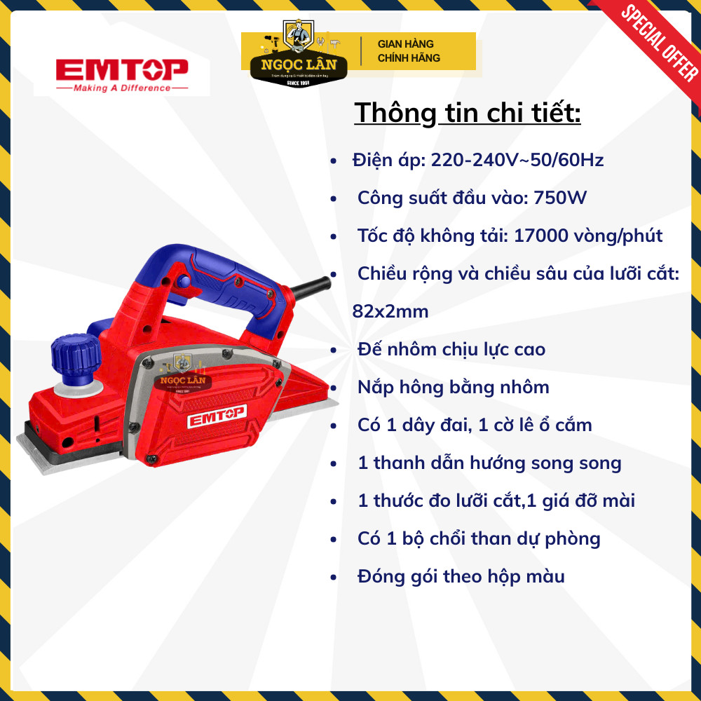 [Chính hãng] Máy bào gỗ cầm tay điện EMTOP 750W lưỡi bào 82x2mm cao cấp