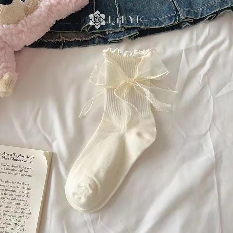 Qrhyk 1 Đôi Tất Gothic Nơ Giữa Ống Preppy Phong Cách Công Chúa Tất JK Dạo Phố Mới