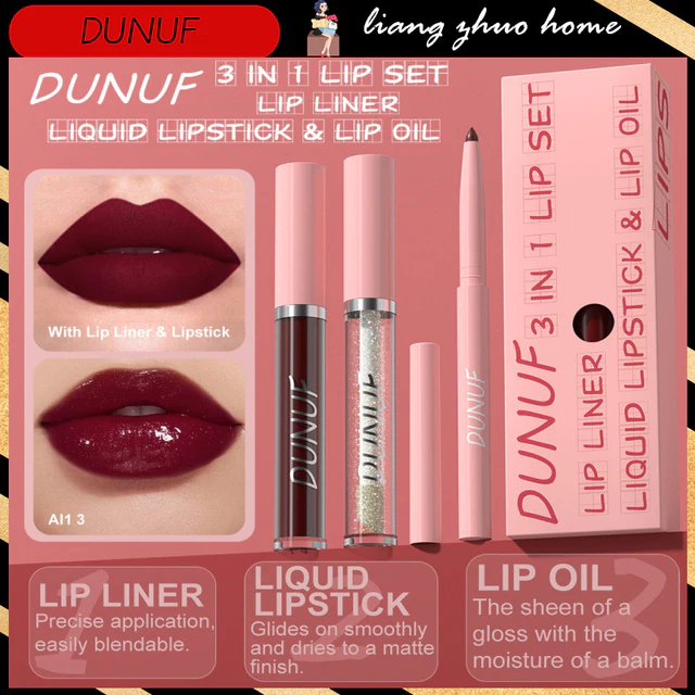 Duunuf 3 Bút Son Môi Nhung Matte Màu Nâu Khỏa Thân Lip Liner Bộ Bút Chì Màu Đỏ Hoa Hồng Matte Lipliner + Son Bóng + Son Dầu Môi Chống Thấm Nước Son Tint