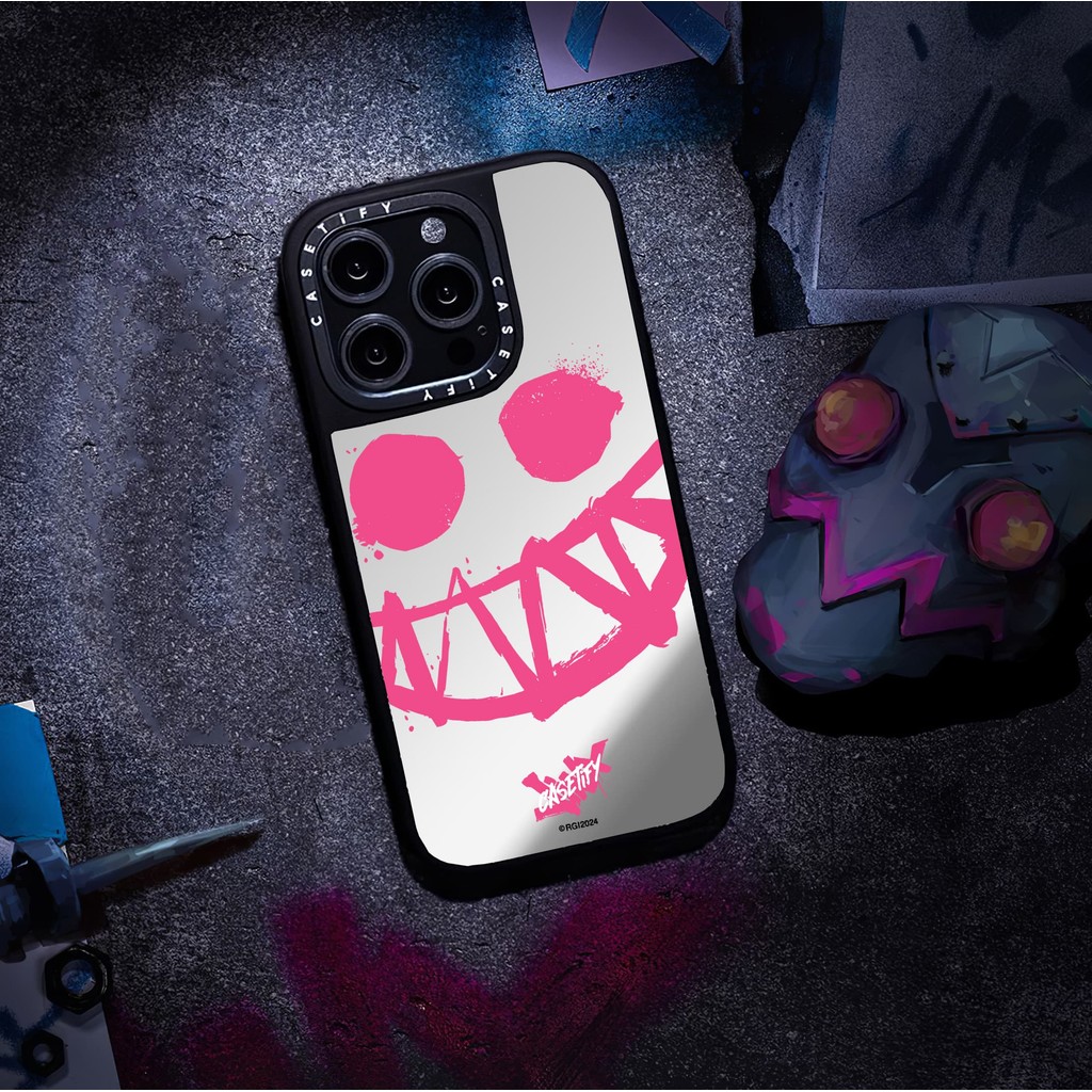 CASETiFY X Arcane Pink Smiley Face Case hút từ tính Vỏ IPhone gương đen & bạc IPhone 16 15 14 13 12 Pro Max Plus Ốp điện thoại cứng có hộp khắc logo