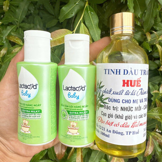 Combo 3 món gồm : 1 Chai Dầu tràm Huế chai 100ml (Hàng khuyến mãi)+ 2 Chai sữa tắm cho bé Lac ta cyd 60ml