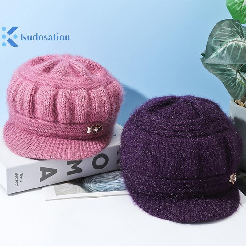 Kudosation Len Mũ Thời Trang Nữ Sang Trọng Dệt Kim Gió Bảo Vệ Tai Màu Trơn Không Khí Đơn Giản Thu Đông Mũ Ấm Áp