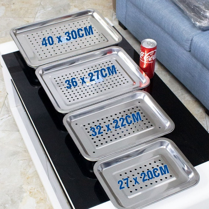 Khay inox úp ly ráo nước có lỗ - mâm trà chữ nhật nhiều cỡ