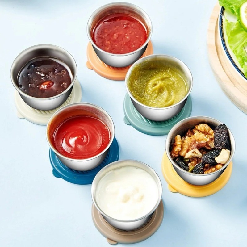Cốc nước sốt nhỏ bằng thép không gỉ có nắp kín Bộ đồ ăn nhà bếp Sushi mù tạt Hộp gia vị nhúng Đĩa nước sốt