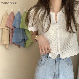 Meisha888 Mùa Hè Hàn Quốc Rỗng Ra Dệt Kim Áo Thun Nữ Cổ Chữ V Tay Ngắn Ôm Crop Top Đẹp