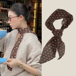 Khăn lụa chấm bi nâu đa năng voan mềm cho nữ, dùng làm khăn cổ/ruy băng