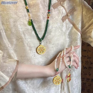 Bluelover Phong Cách Dân Tộc Rỗng Khắc Túi May Mắn Mặt Dây Chuyền Xanh Giả Ngọc Handmade Đính Hạt Vòng Cổ Dài Mới