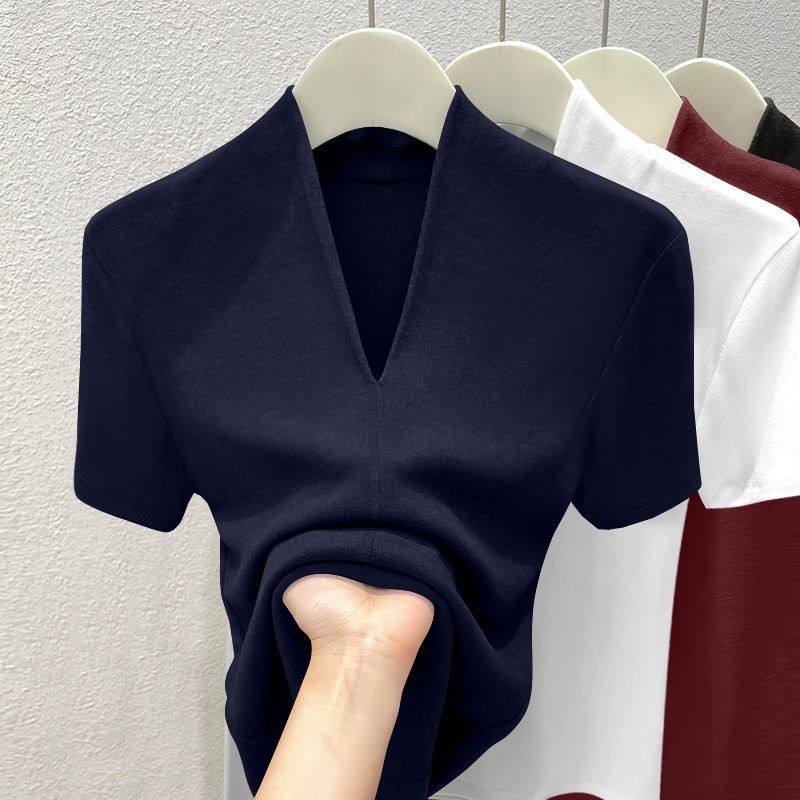 Áo thun nữ mùa hè 2026 retro mới cổ chữ V giảm béo ren thời trang dáng rộng thường ngày