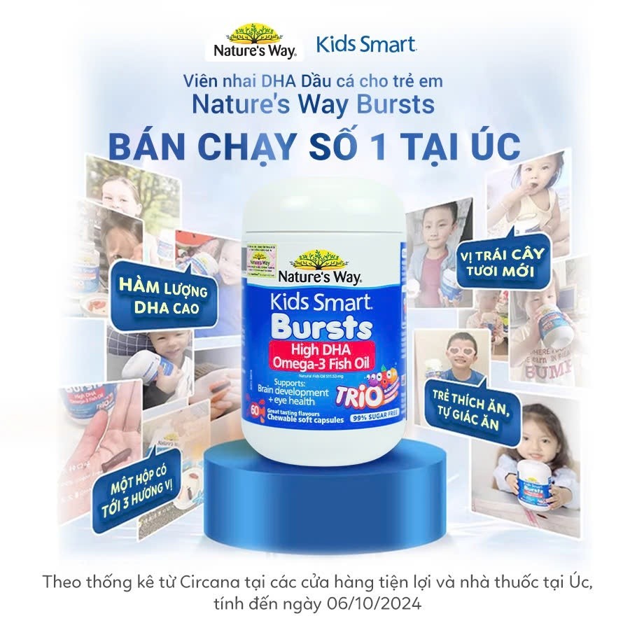 DHA Dầu Cá Ba Màu Nature's Way Omega-3 Fish Oil Trio Hỗ Trợ Tốt Cho Não Bộ Và Mắt Cho Bé 60 Viên