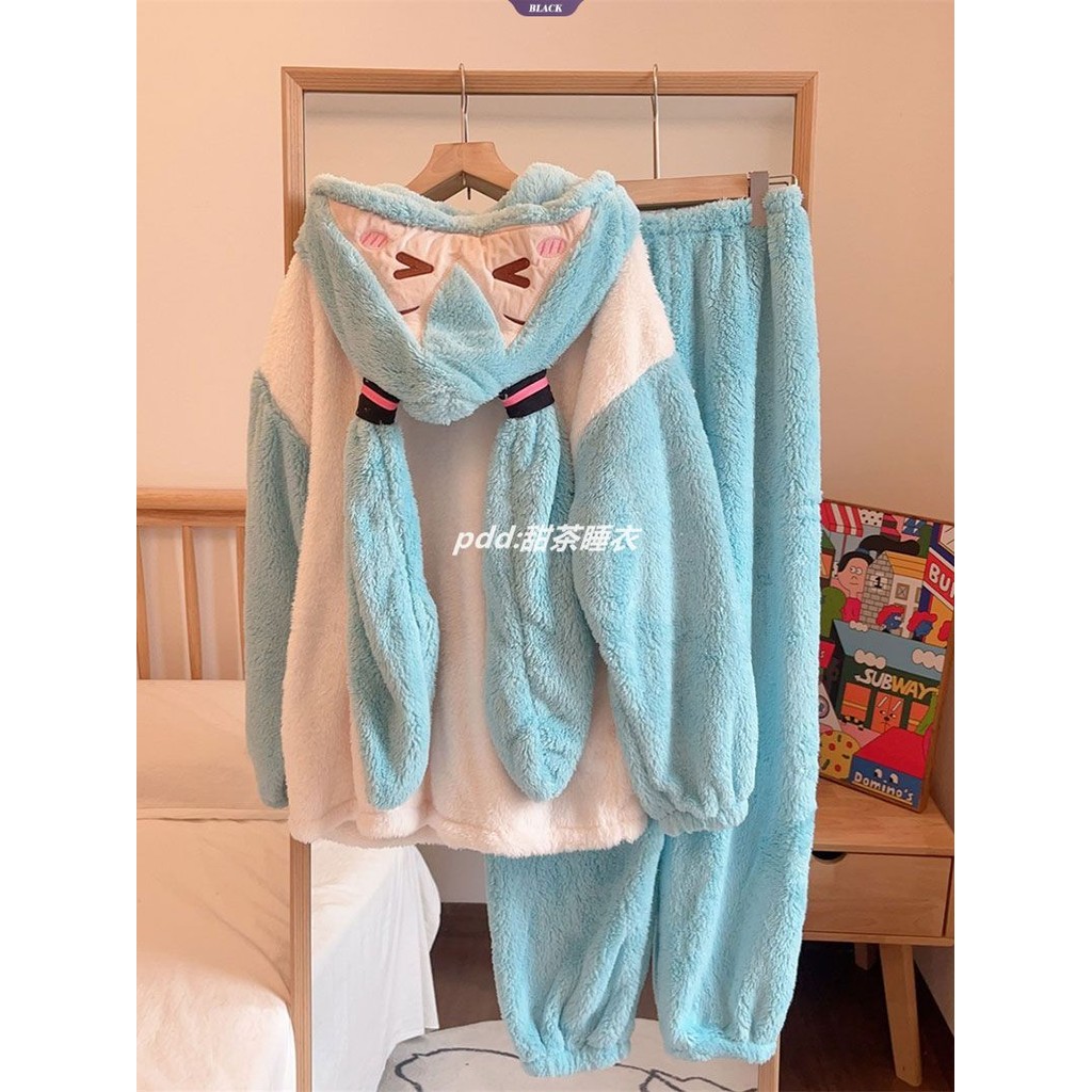 Ins Wind Hatsune Miku Coral Velvet Bộ Đồ Ngủ Nữ Thu Đông Dày Và Đệm Ấm Áp Flannel Loungewear Suit [BL]