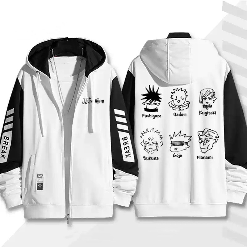 Hoodie zipper anime Jujutsu Kaisen với hình ảnh nhân vật Satoru Gojo và Itadori Yuji - Phù hợp cho cosplay unisex