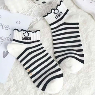 Sét 5 tất nữ cổ ngắn màu sọc đen trắng cotton Hàn Quốc dễ thương cổ nhún