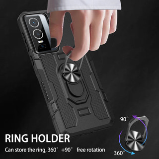 Dành Cho Vivo Y76 5G / Y76s Ốp điện thoại PC Cứng Mặt Sau Mềm TPU Edge Bảo Vệ Camera Vòng Giá Đỡ Chân Đế Chống Sốc Mỏng Bao