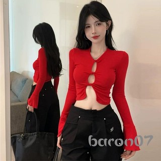 Áo Crop top nữ dài tay cổ chữ V xoắn phía trước Áo thun cơ bản