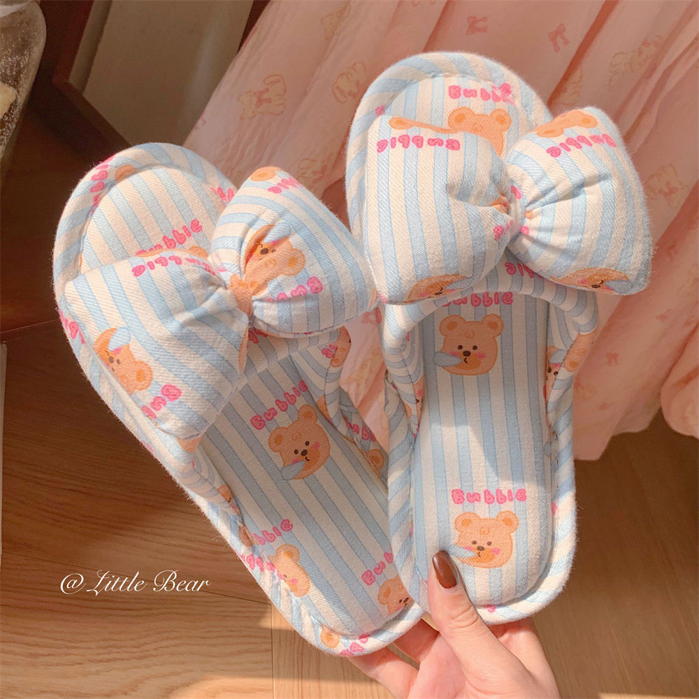 Xixitiao Dép Đi Trong Nhà Gấu Nơ Dễ Thương Vải Lanh Cotton Hút Mồ Hôi Thoáng Khí Giày