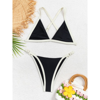 Đồ Bơi Nữ Cổ Chữ V Đen Tam Giác Cốc Trắng Chia Hai Mảnh Bikini Đồ Bơi