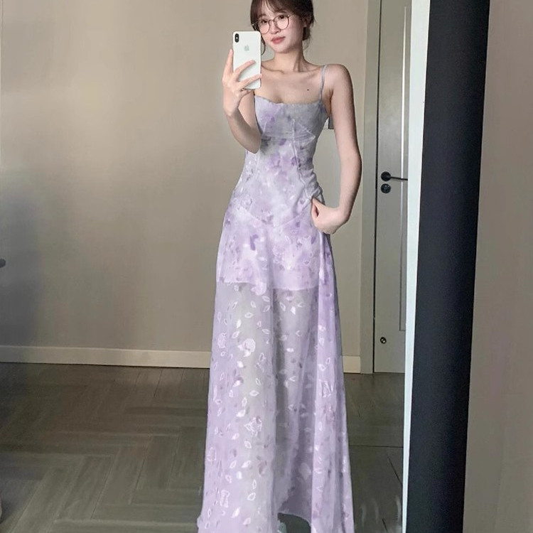 Váy dây đeo eo hoa tím cho phụ nữ, kiểu dáng mùa hè mới, váy dài kiểu Pure Desire