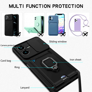 Dành Cho Vivo Y22s / Y22 4G Ốp Lưng 4 Trong 1 Trượt Camera Bao Đựng Thẻ Đứng Vuông Freebie Dây Chống Sốc Chống Rơi Mỏng Mềm TPU Cover