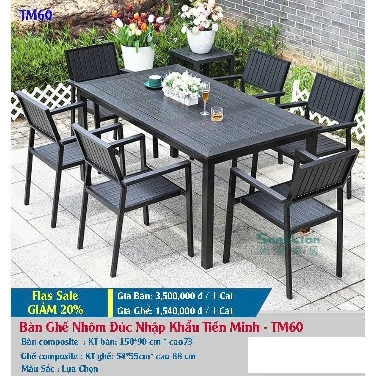 Bộ Bàn Ghế Sân Vườn Ngoài Trời HCN Nhôm Đúc D160 - Bàn Ghế Ban Công Chắc Chắn, Sang Trọng - TM60