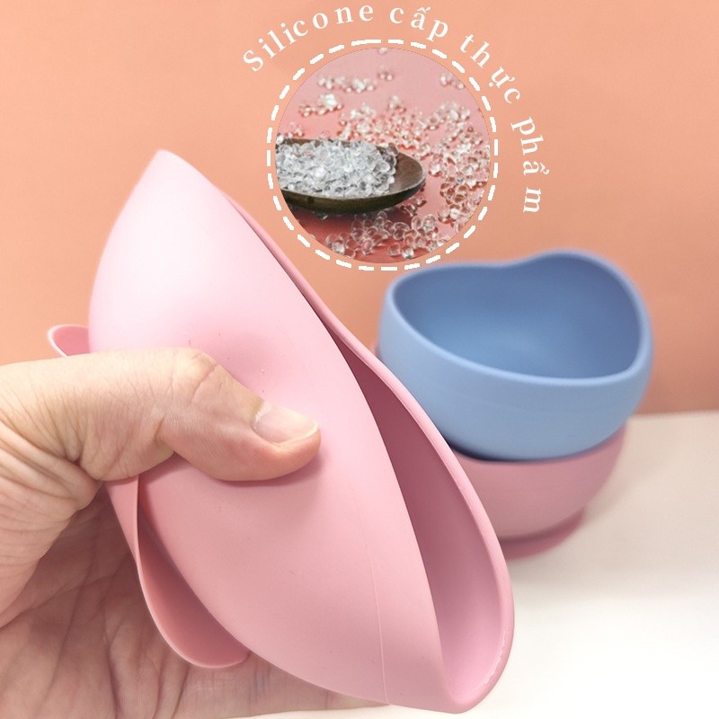 Bát ăn dặm silicone cho bé từ 5 tháng, Kèm Thìa Gỗ, Đế hít chống trượt đổ, An Toàn, Dễ Vệ Sinh