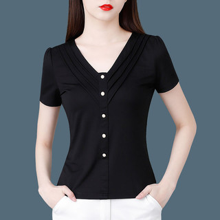Đen Thời Trang Cao Cấp Top Nữ Cổ Chữ v Ice Silk Áo Thun Ngắn Tay Mùa Hè 2025 Phong Cách Mới Sang Trọng Nửa Tay