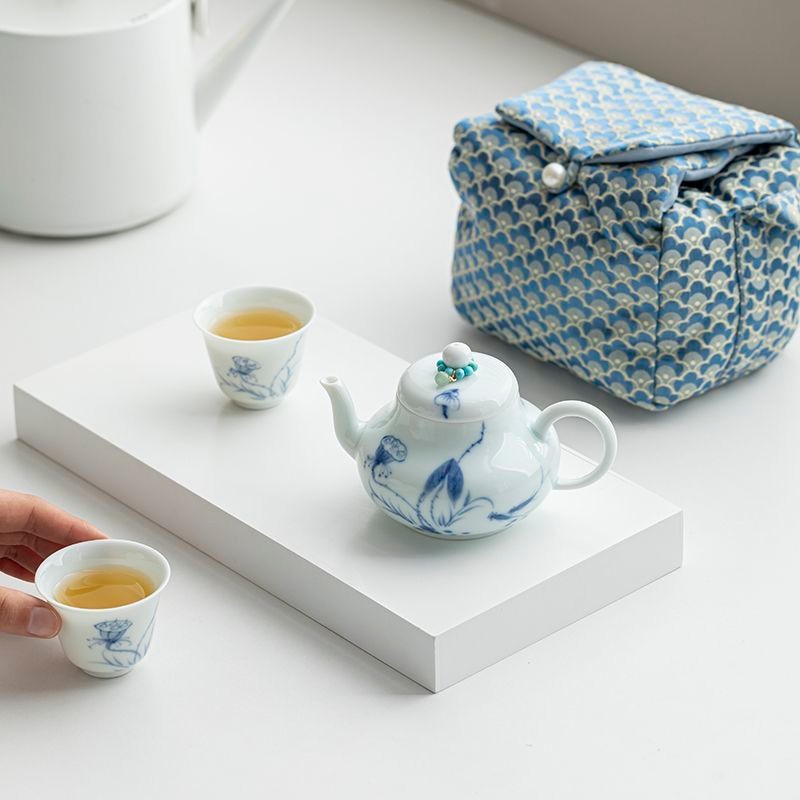 ✨Bộ ấm trà phong cách Trung Quốc có giá trị cao Một nồi Hai cốc Du lịch Công sở Bộ trà bóng ấm trà xanh Bộ trà gốm di động
